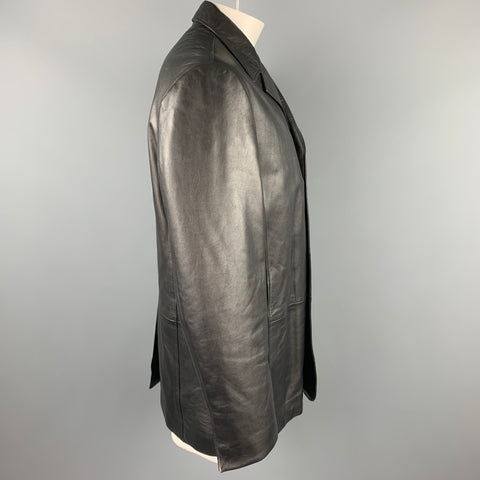 HUGO BOSS Size 40 Black Leather Notch Lapel Buttoned Jacket