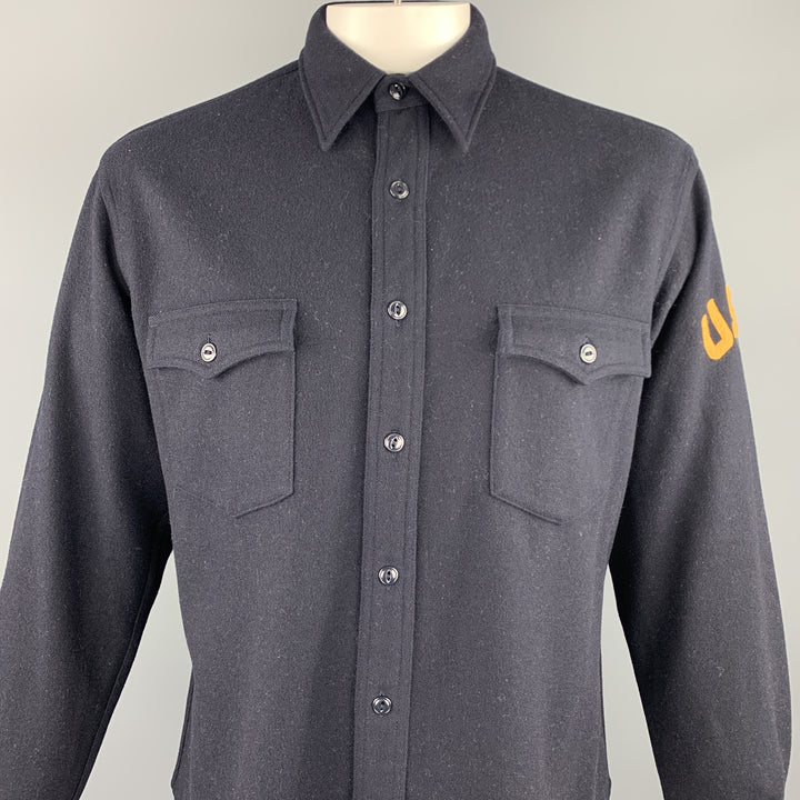 POLO JEANS Size M Navy Wool / Rayon Patch Pockets Long Sleeve Shirt