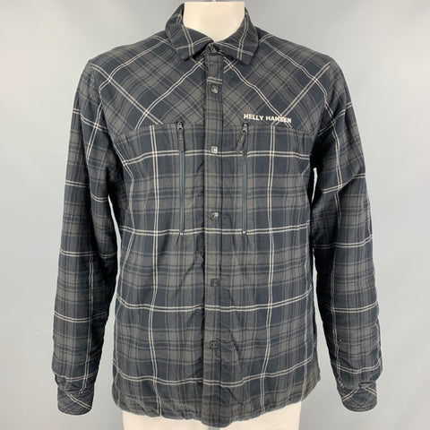 HELLY HANSEN Size L Gray & Black Plaid White Flannel Snaps Jacket