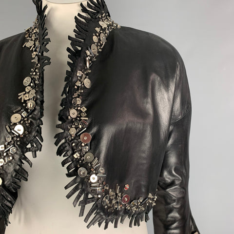 CLAUDE MONTANA Talla 10 Chaqueta corta con flecos de cuero negro