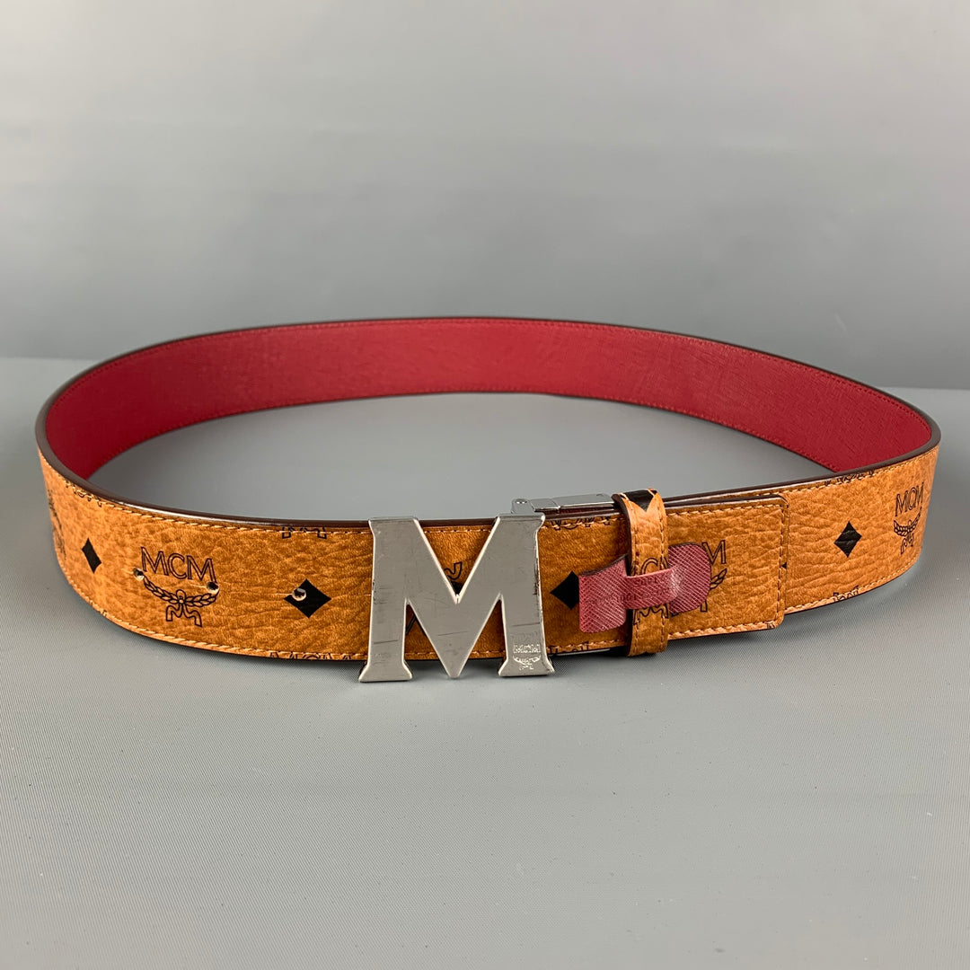 MCM Size L Tan Black Burgundy Monogram Leather Reversible Belt