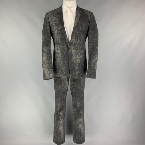 CALVIN KLEIN COLLECTION Size 38 Black & Grey Splattered Cotton Blend Notch Lapel Suit
