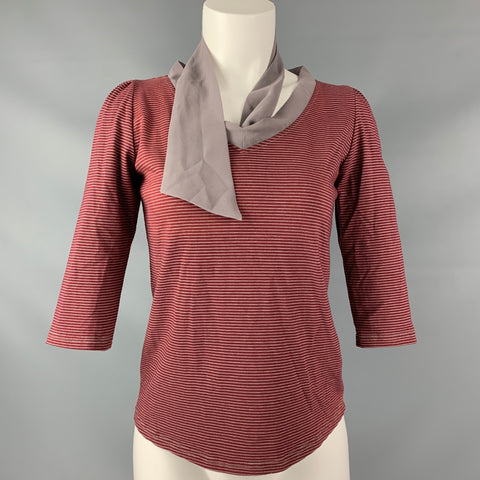 BARNEY'S NEW YORK Size M Burgundy Grey Stripe Tie Blouse