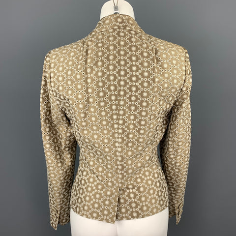 AKRIS Size 6 Taupe & Cream Silk / Cotton Embroidered Taffeta Cropped Blazer