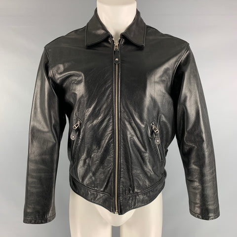 DONNA KARAN Size S Black Solid Leather Zip Up Jacket