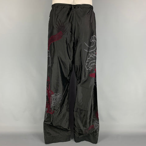 GUCCI by TOM FORD 2001 XL Black Dragon Embroidered Silk Wide Leg Karate Pants
