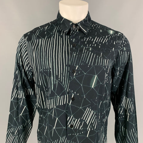 AGNÈS B. Baudelocque Size L Navy Print Cotton Button Up White Long Sleeve Shirt