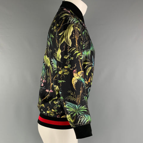 GUCCI Size XS Black Green Forest Jungle Graphic Silk Bomber Jacket