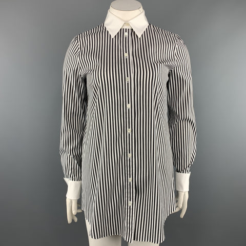 MICHAEL KORS Size 12 Black & White Striped Cotton Blend French Cuff Blouse