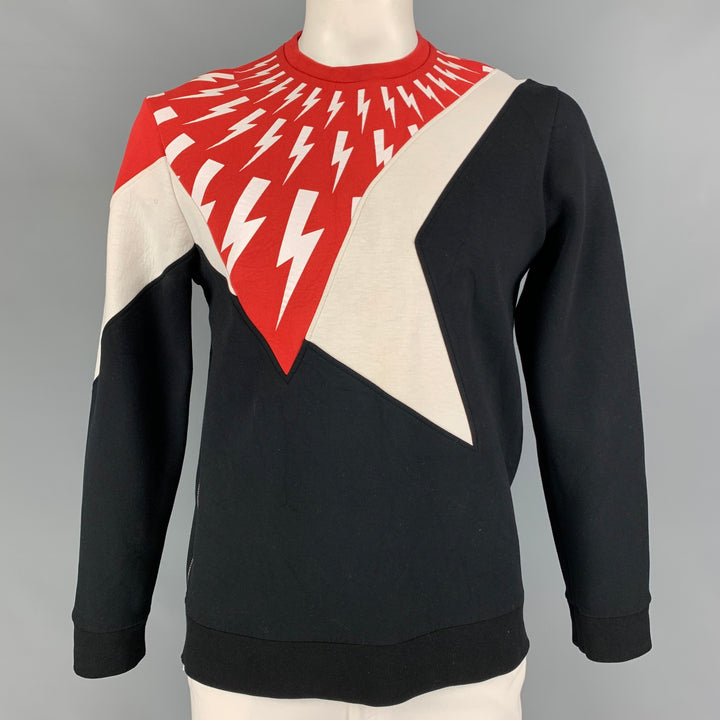 NEIL BARRETT Size L Red Black Print Viscose Blend Crew-Neck Sweater