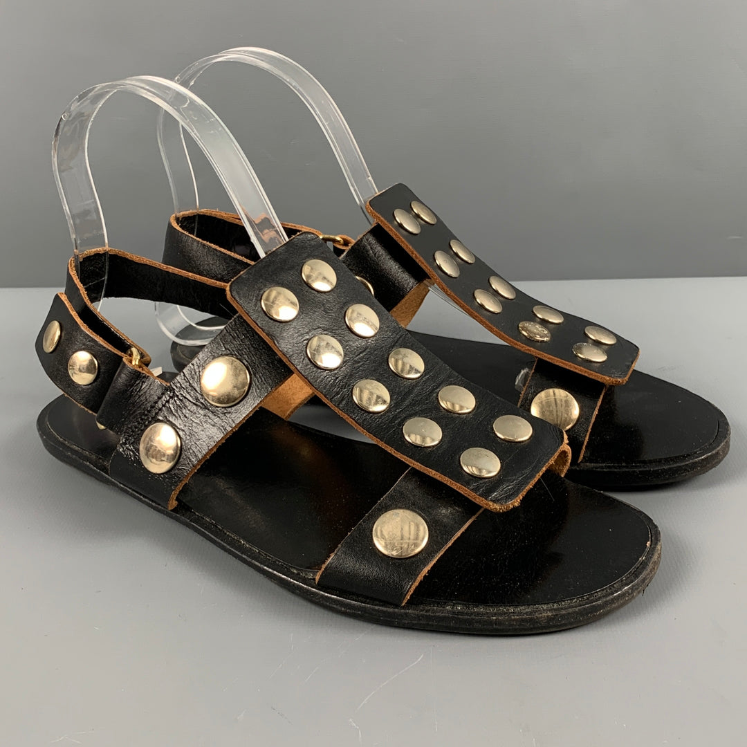MARNI Size 7 Black Tan Leather Studded Ankle Strap Sandals