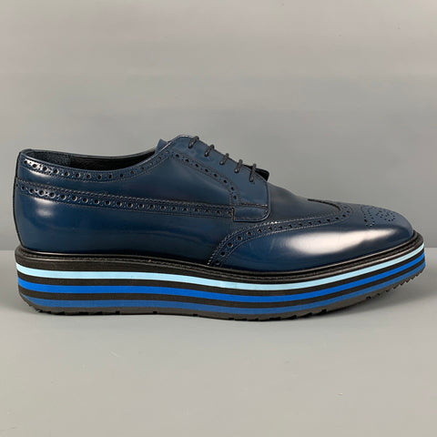 PRADA Size 10 Blue Black Perforated Leather Platform Lace Up Shoes