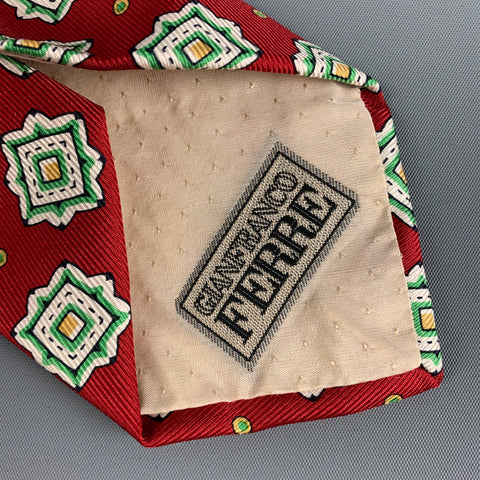 GIANFRANCO FERRE Red White Green Silk Square Tie