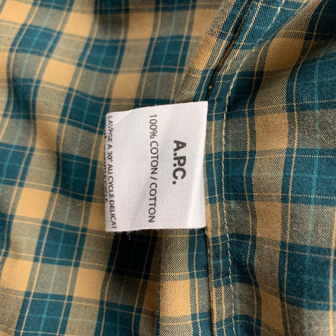 A.P.C Size M Green & Tan Checkered Cotton Button Down Long Sleeve Shirt