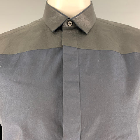 VALENTINO Size L Navy Black Solid Cotton Hidden Placket Long Sleeve Shirt