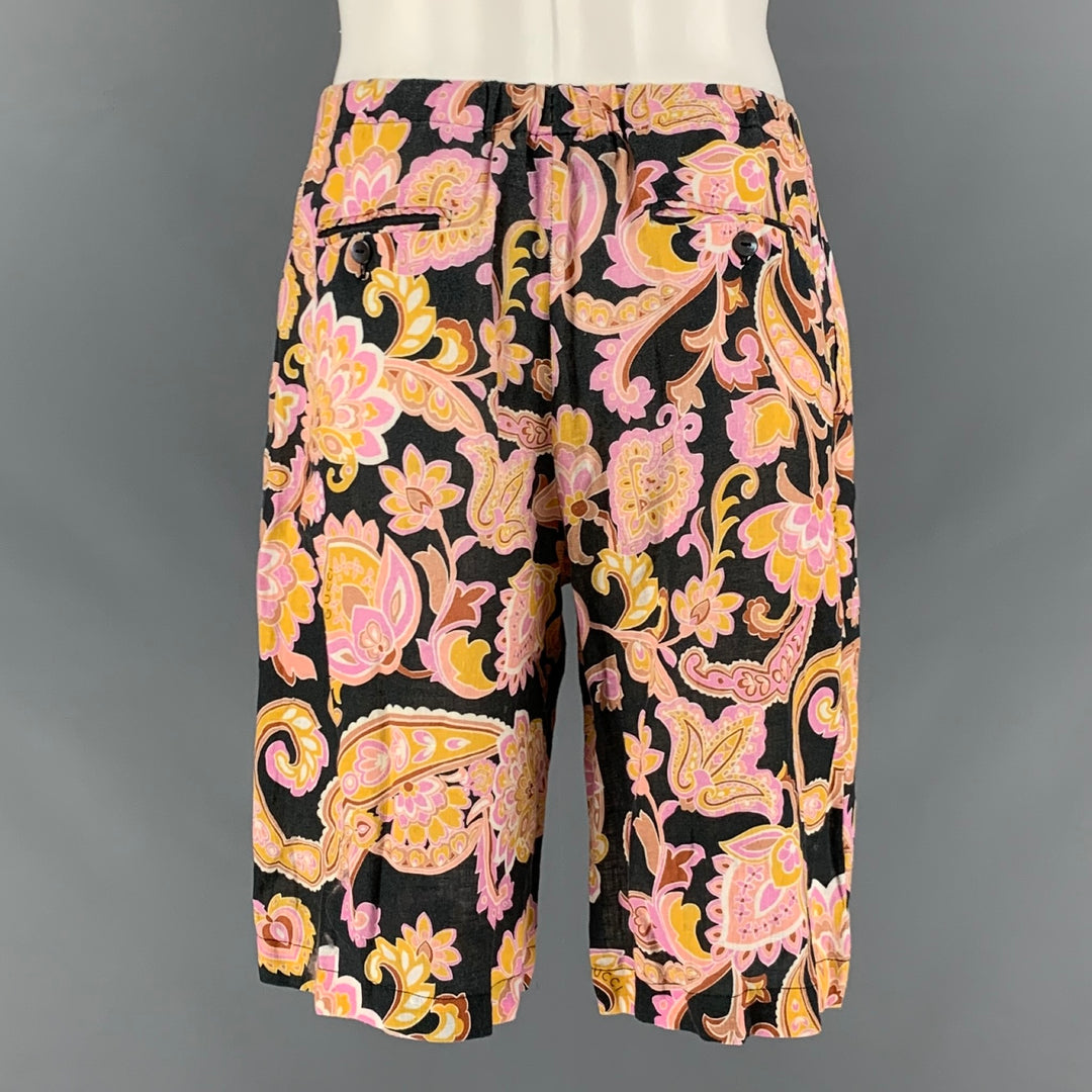 GUCCI Size 32 Purple Yellow Floral Cotton Flat Front Shorts
