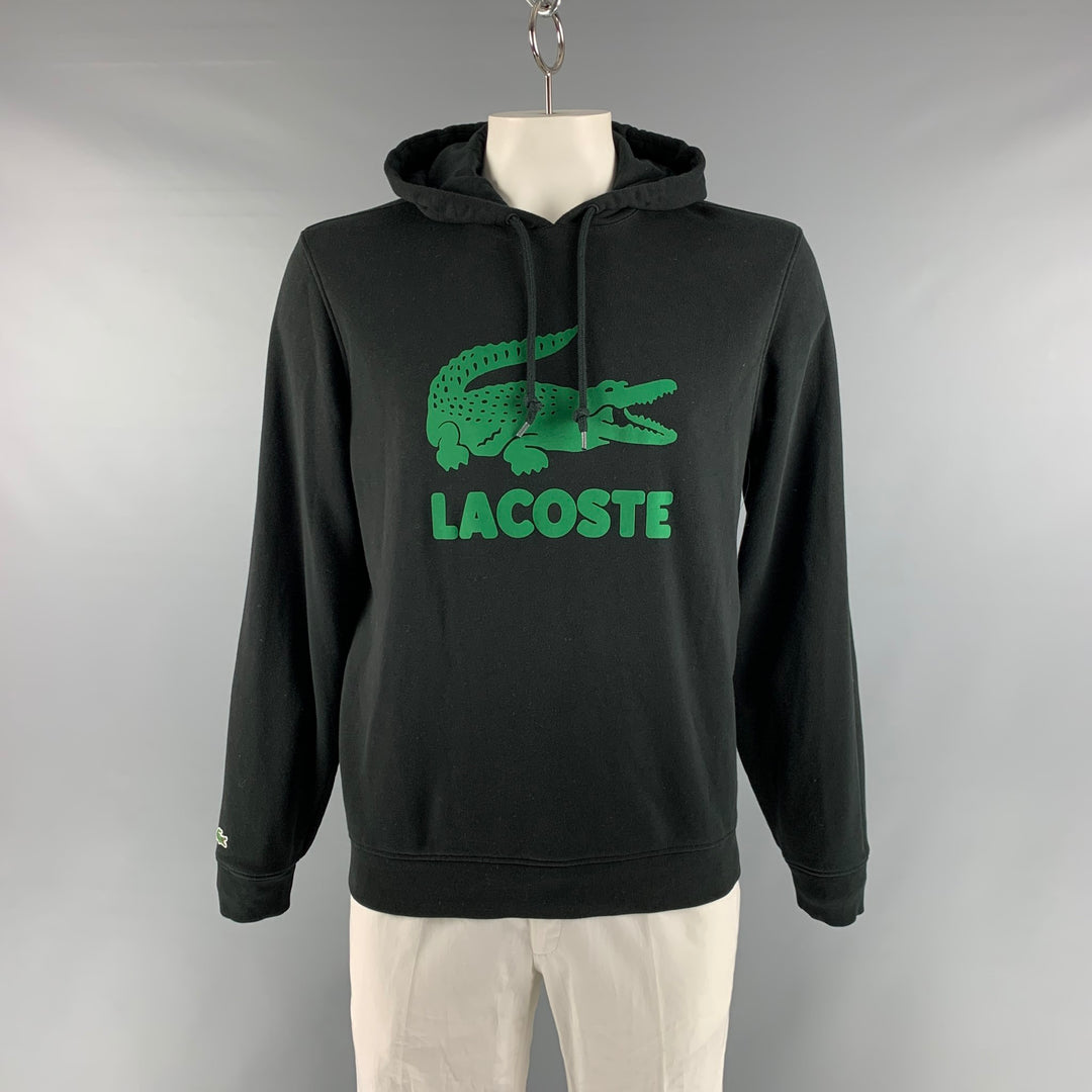 LACOSTE Size L Black Green Alligator Cotton Hooded Sweatshirt