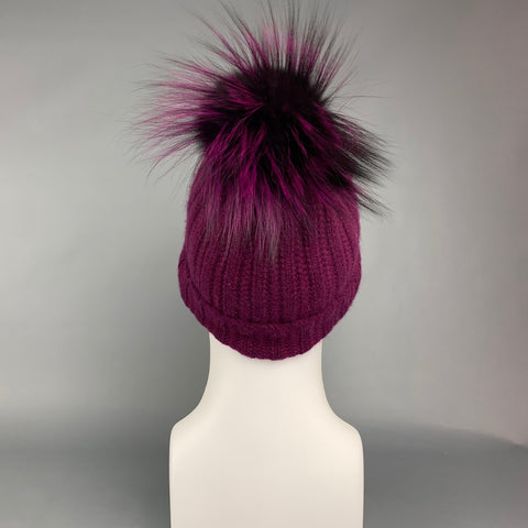 AMICALE Purple Knitted Cashmere Fox Fur Pom Pom Beanie
