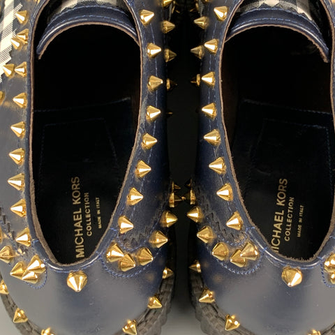 MICHAEL KORS Talla 11 Zapatos de plataforma con tachuelas de cuero blanco azul marino