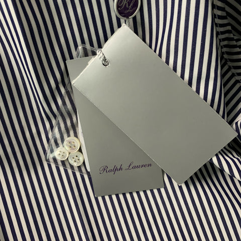 RALPH LAUREN Size XL White & Navy Stripe Cotton French Cuff Long Sleeve Shirt