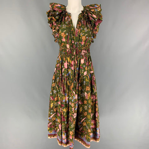 ULLA JOHNSON Size 2 Green Multi-Color Cotton Floral Sleeveless Long Dress