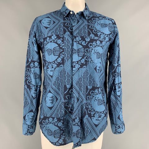 ENGINEERED GARMENTS Size L Navy & Blue Print Cotton Short Sleeve Shirt