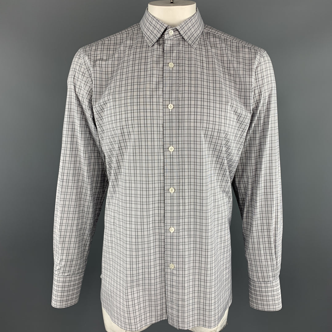 TOM FORD Size XL Gray Plaid Cotton Button Up Long Sleeve Shirt