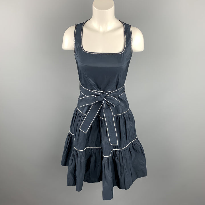 CAROLINA HERRERA Size 0 Navy Tafeta Polyester Tiered Belted Dress