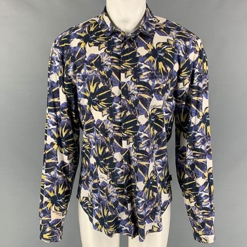 JUST CAVALLI Camisa de manga larga con botones de algodón floral azul amarillo talla M