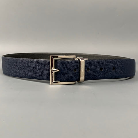 PRADA Size 34 Navy & Grey Textured Saffiano Leather Reversible Belt