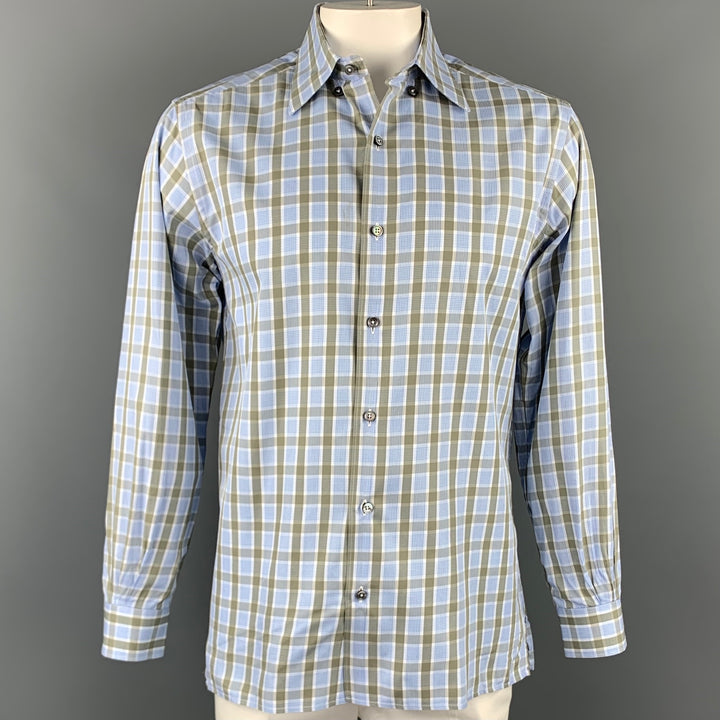ERMENEGILDO ZEGNA Size L Blue & Olive Plaid Cotton Button Up Long Sleeve Shirt