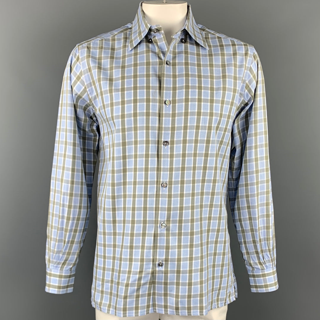 ERMENEGILDO ZEGNA Taille L Chemise à manches longues boutonnée en coton à carreaux bleu et olive