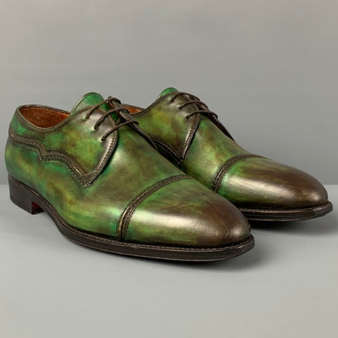 BONTONI Taille 10 Chaussures à lacets en cuir marbré vert marron avec bout renforcé