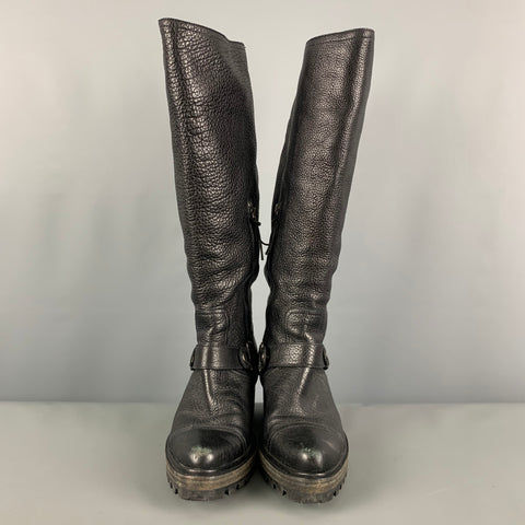 MIU MIU Size 9 Black Leather Pebble Grain Side Zipper Boots