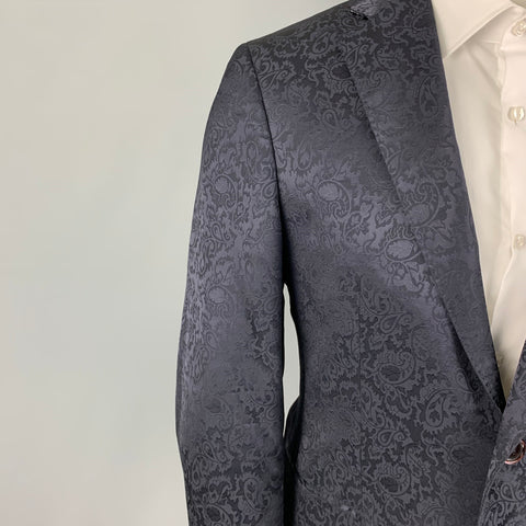ETRO Size 38 Navy Jacquard Wool Viscose Blend Notch Lapel Sport Coat