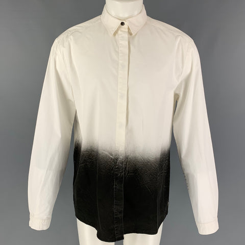 PIERRE BALMAIN Talla XL Camisa de manga larga con tapeta oculta ombré de algodón blanco y negro