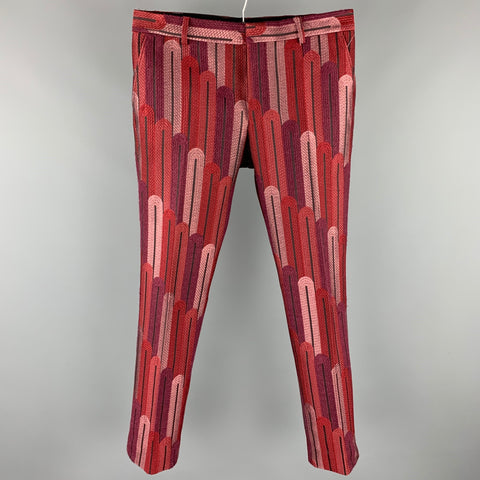 WALTER VAN BEIRENDONCK F/W 16 Size 34 Burgundy & Red Brocade Polyester Blend 2001 Sharp Trouser Pants