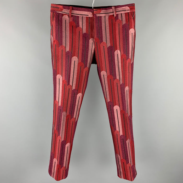 WALTER VAN BEIRENDONCK F/W 16 Size 34 Burgundy & Red Brocade Polyester Blend 2001 Sharp Trouser Pants