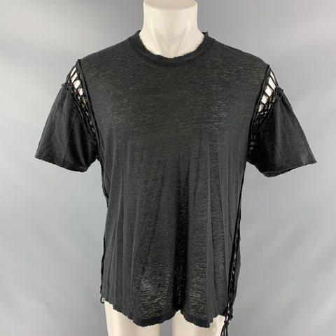 IRO Size XS Black Braided Linen Crew-Neck T-shirt
