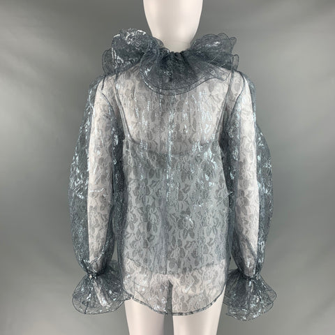MARC JACOBS Size 6 Silver Metallized Fiber Lace Ruffle Blouse