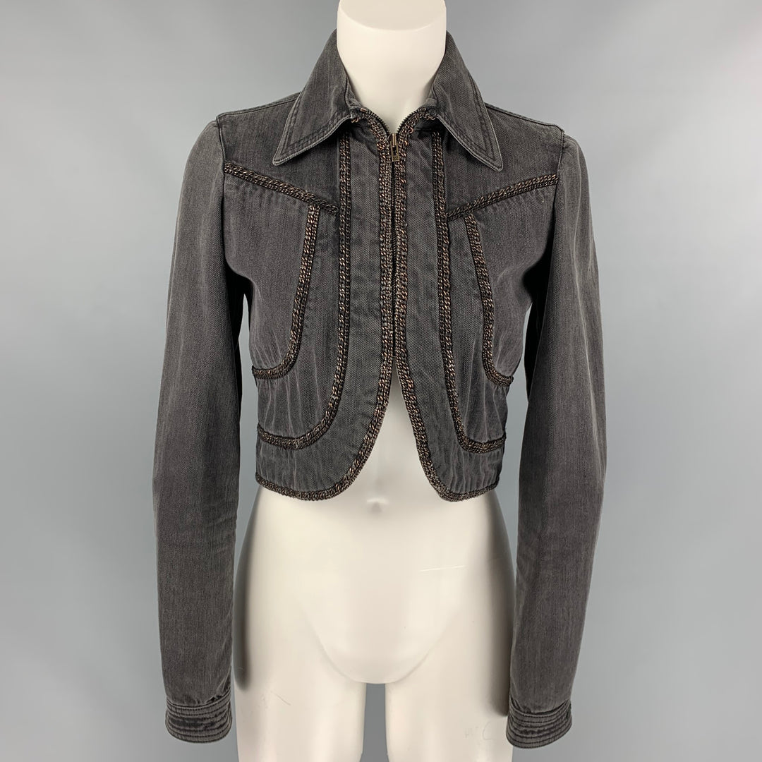 CHANEL 2008 Size 6 Charcoal Cotton Denim Chain Cropped Jacket