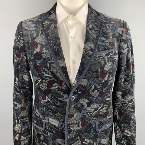 SALVATORE FERRAGAMO Size 42 Black & Grey Feather Print Velvet Sport Coat