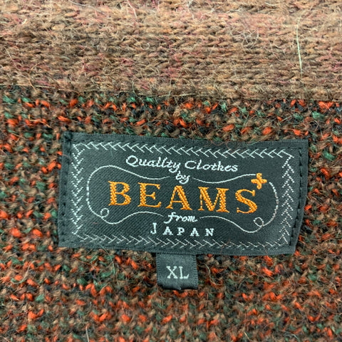 BEAMS PLUS Size XL Brown Multi-Color Pattern Mohair Blend Buttoned Cardigan
