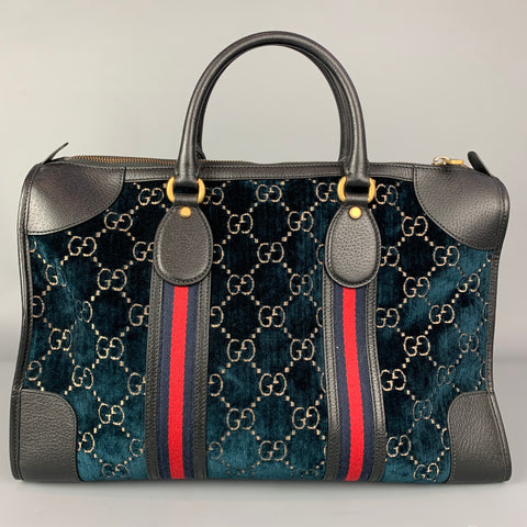 GUCCI Blue Black GG Monogram Velvet Duffle Medium Boston Bag