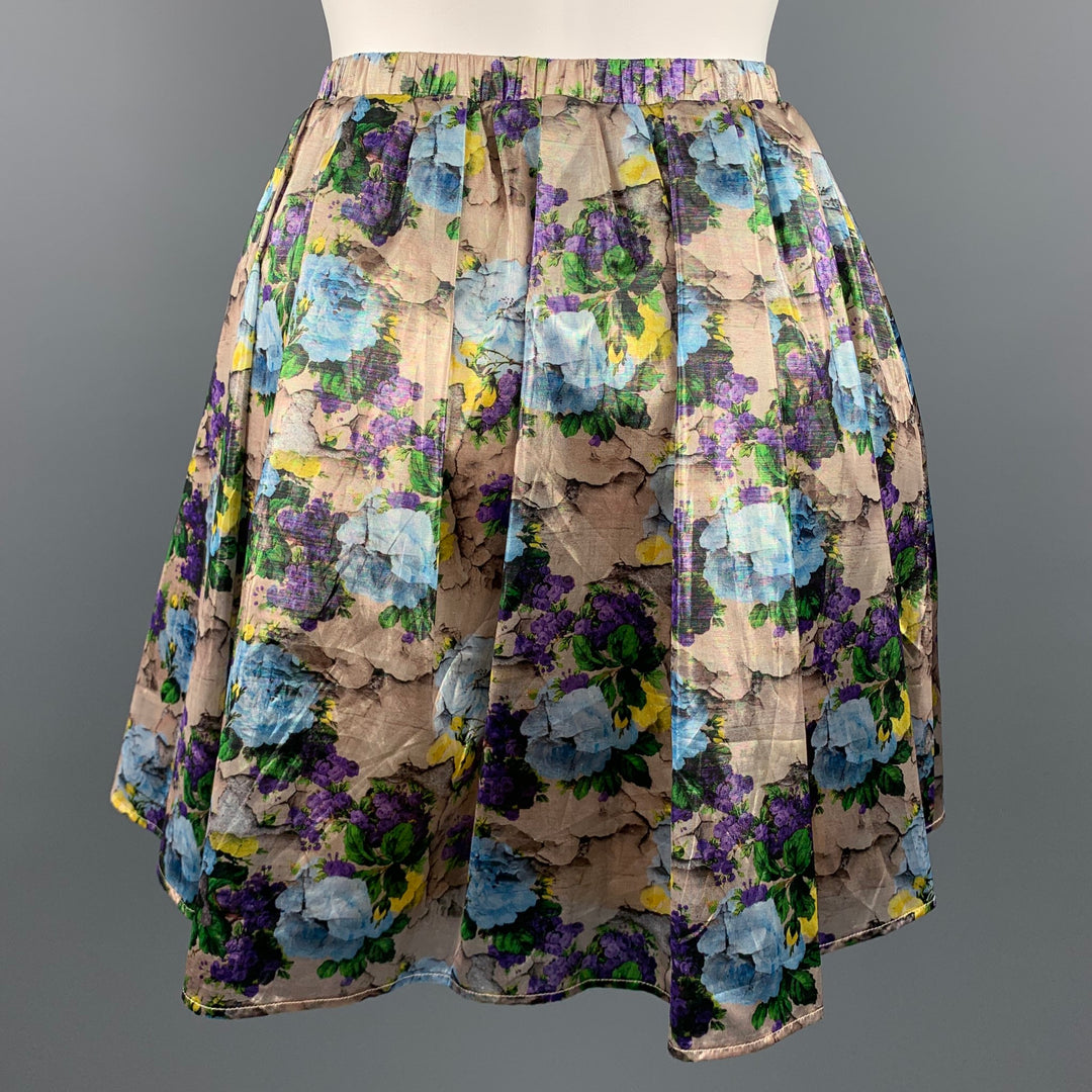 MSGM Size 6 Gold & Purple Floral Polyamide Elastic Waistband A-Line Skirt
