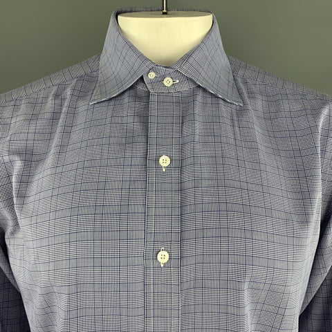 TOM FORD Size XL Navy Glenplaid Cotton Button Up Long Sleeve Shirt