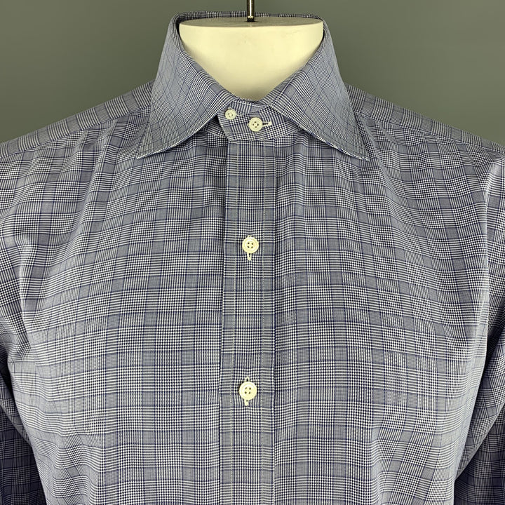 TOM FORD Camisa de manga larga con botones de algodón Glenplaid azul marino talla XL