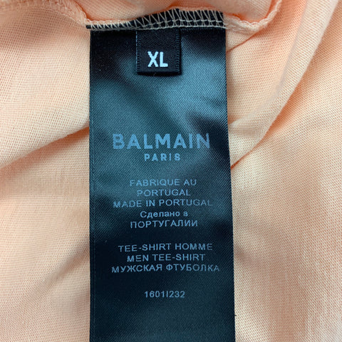 BALMAIN Size XL Peach Logo Cotton Crew-Neck T-shirt