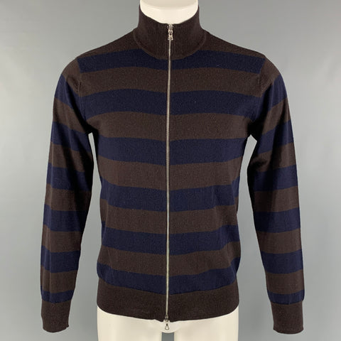 PAUL SMITH Size M Brown Navy Stripe Merino Wool Zip Up Cardigan