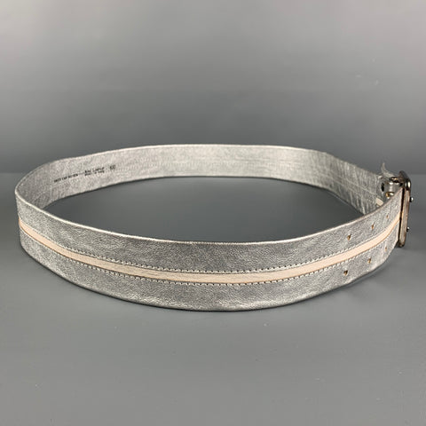 DRIES VAN NOTEN Size 42 Silver White Stripe Leather Belt
